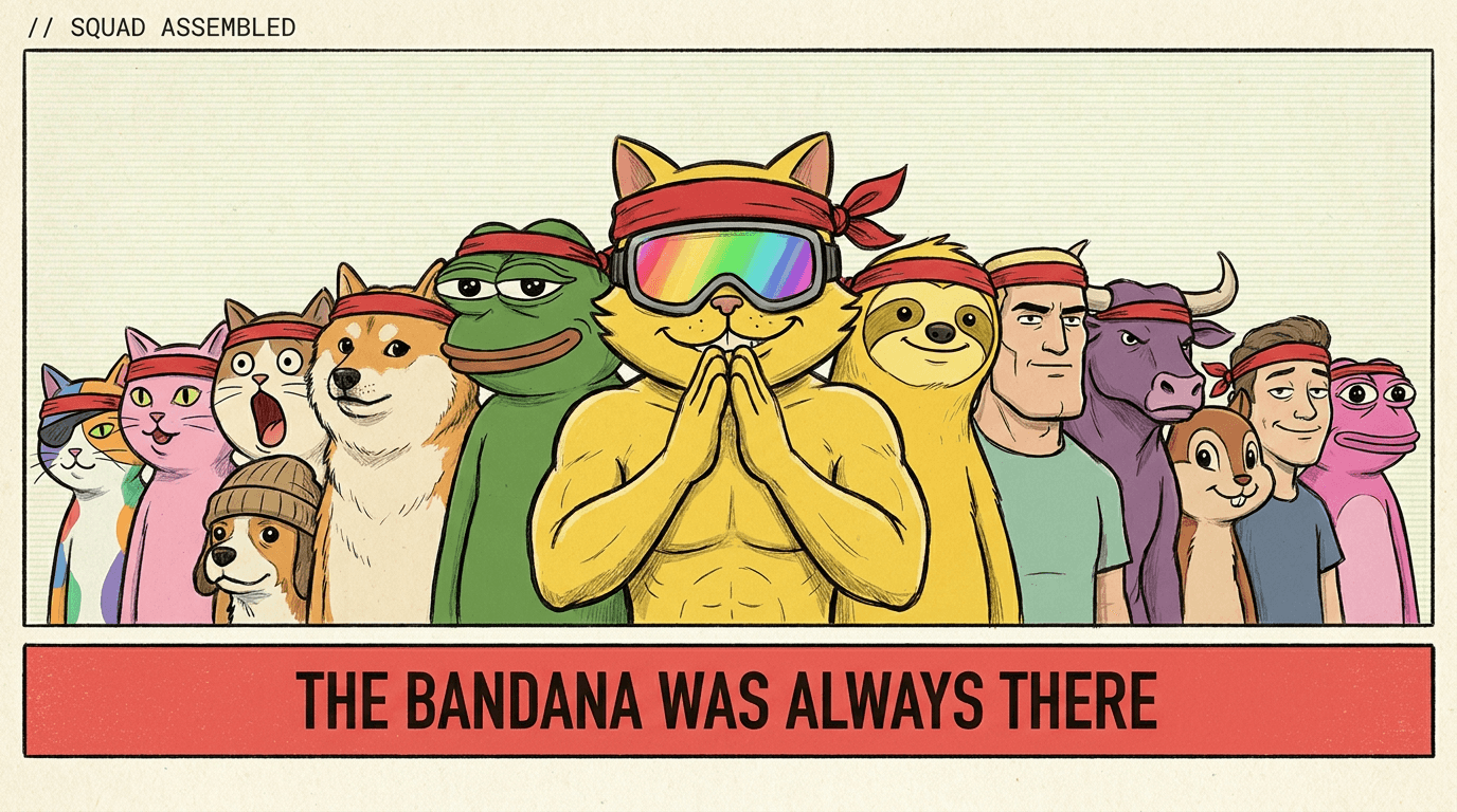 Red Bandana Squad assembled — 13 stylized meme-character archetypes in lineup formation, all wearing identical red bandanas