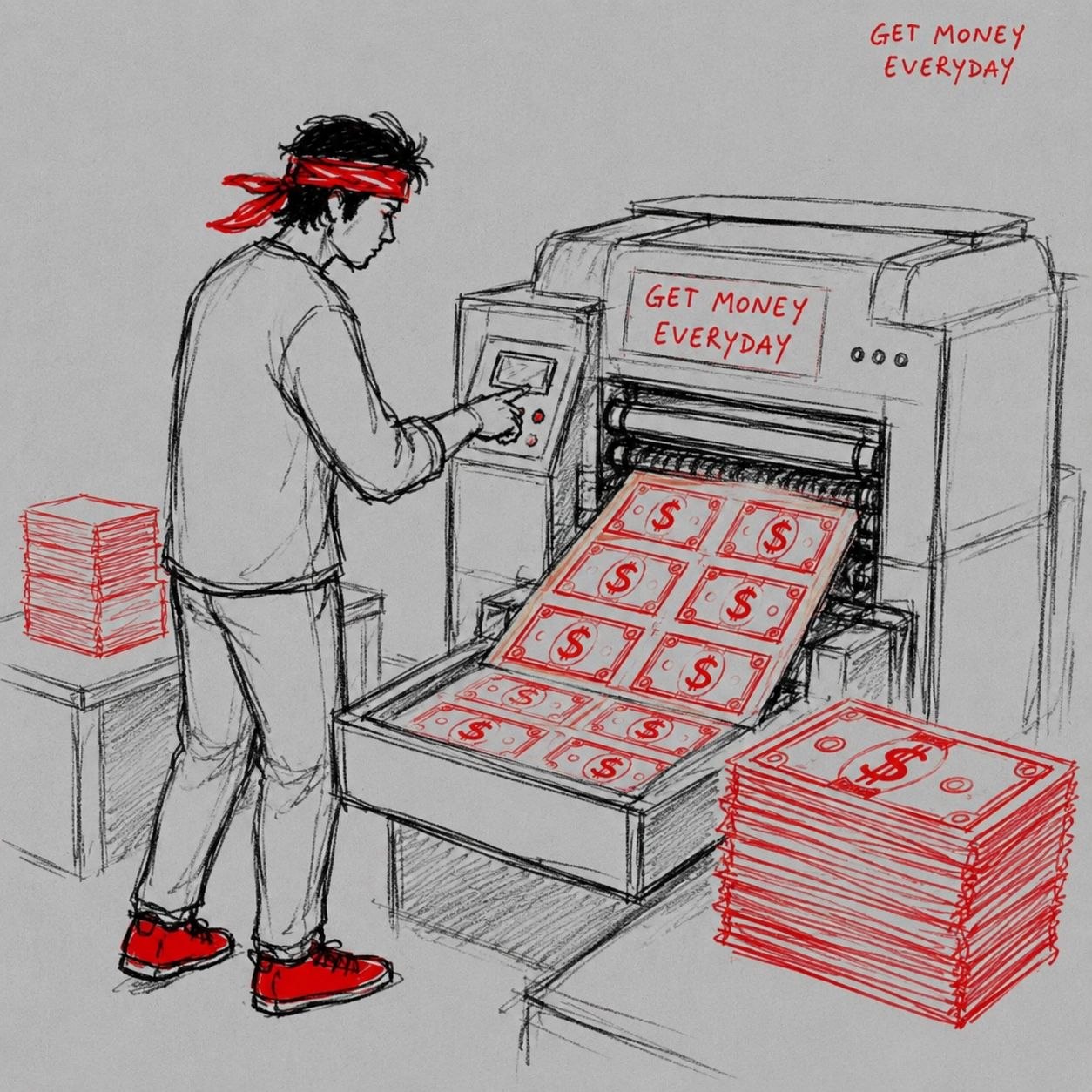 GET MONEY EVERYDAY — sketch of red-bandana operator running money printer